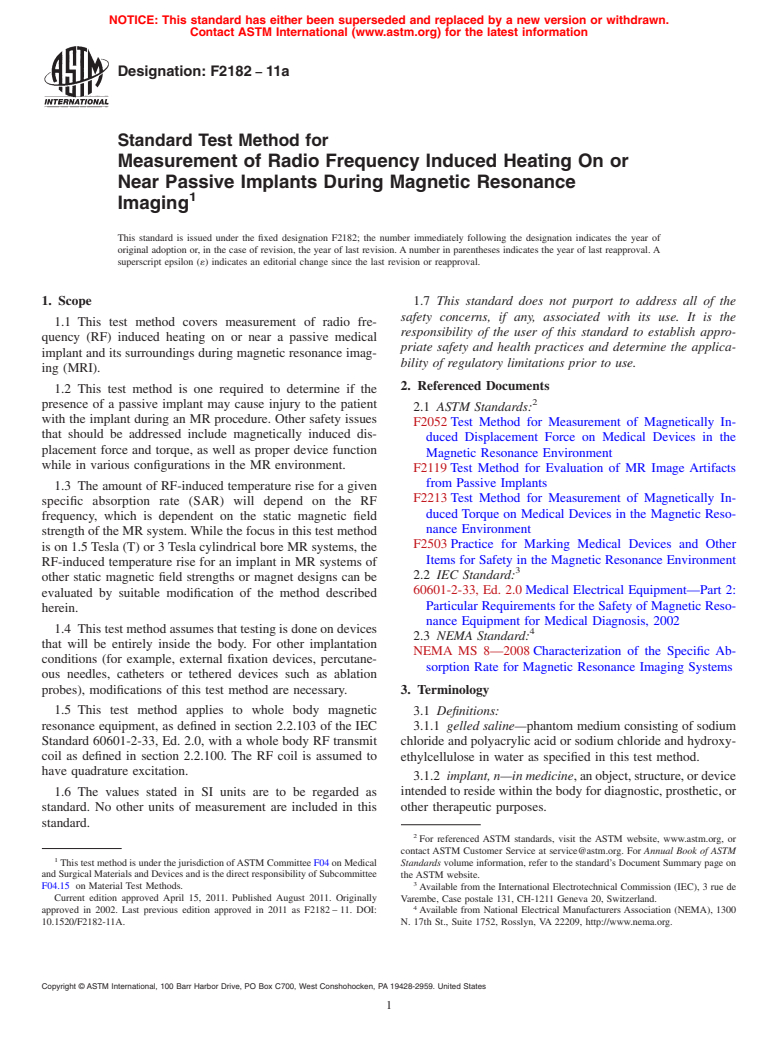 ASTM F2182-11a - Standard Test Method for Measurement of Radio Frequency Induced Heating On or Near Passive Implants During Magnetic Resonance Imaging