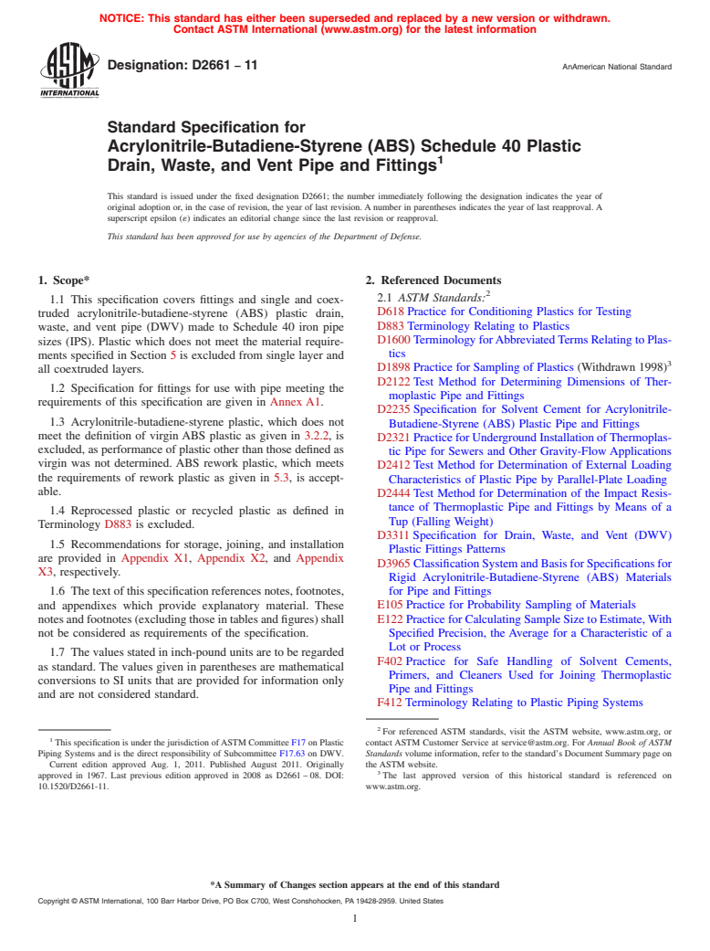 ASTM D2661-11 - Standard Specification for  Acrylonitrile-Butadiene-Styrene (ABS) Schedule 40 Plastic Drain, Waste, and Vent Pipe and Fittings