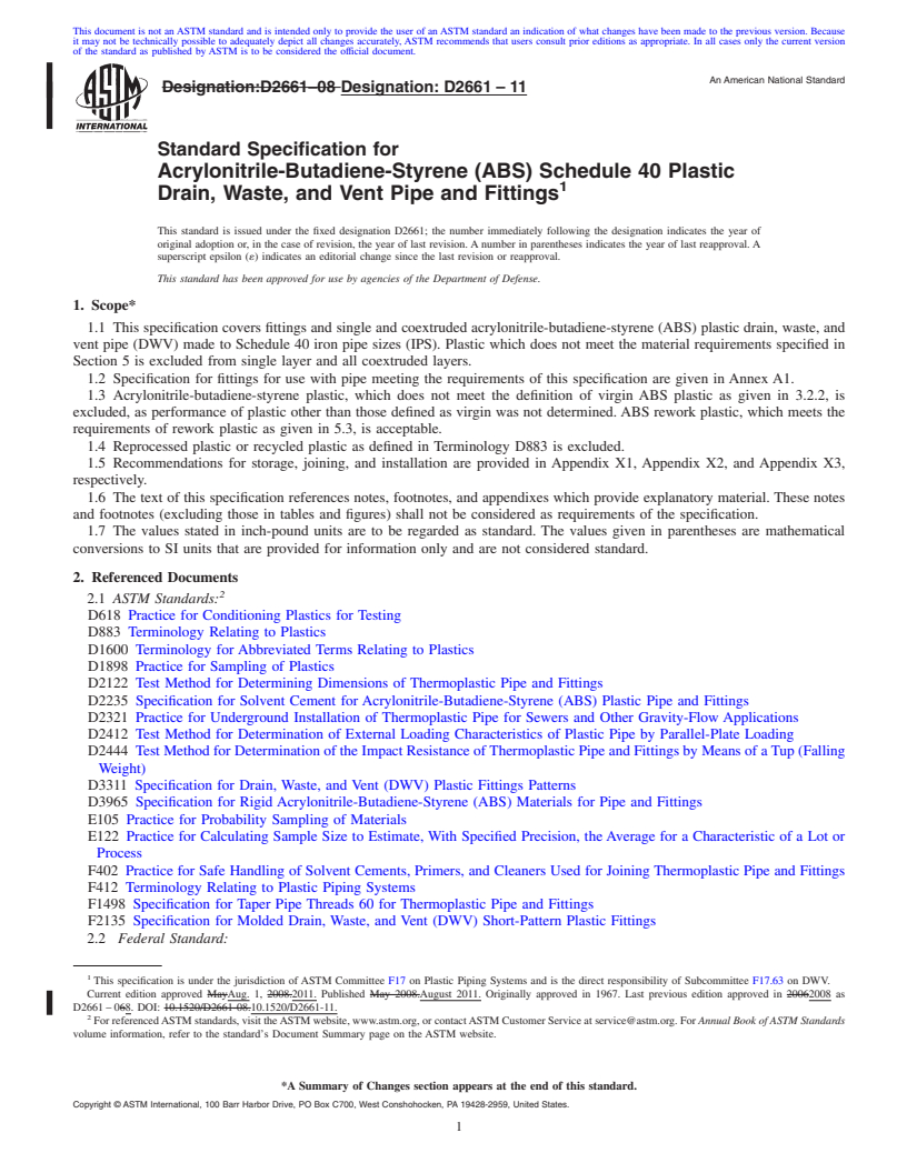 REDLINE ASTM D2661-11 - Standard Specification for  Acrylonitrile-Butadiene-Styrene (ABS) Schedule 40 Plastic Drain, Waste, and Vent Pipe and Fittings