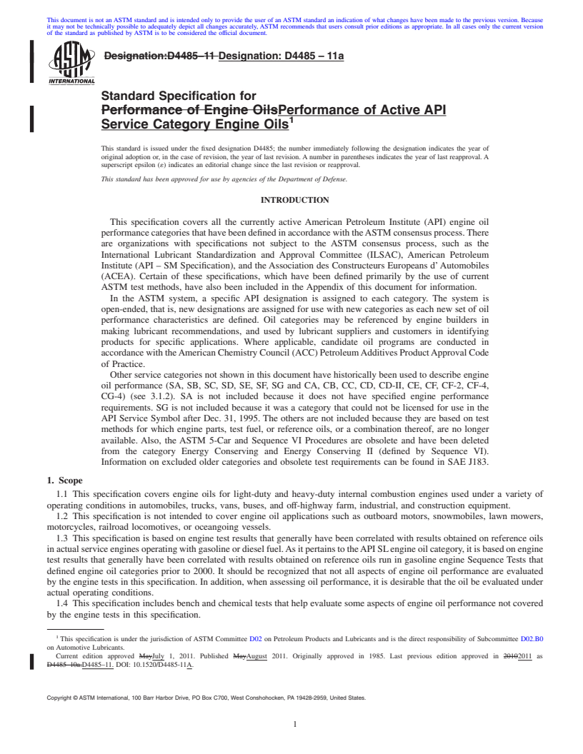 REDLINE ASTM D4485-11a - Standard Specification for Performance of Active API Service Category Engine Oils