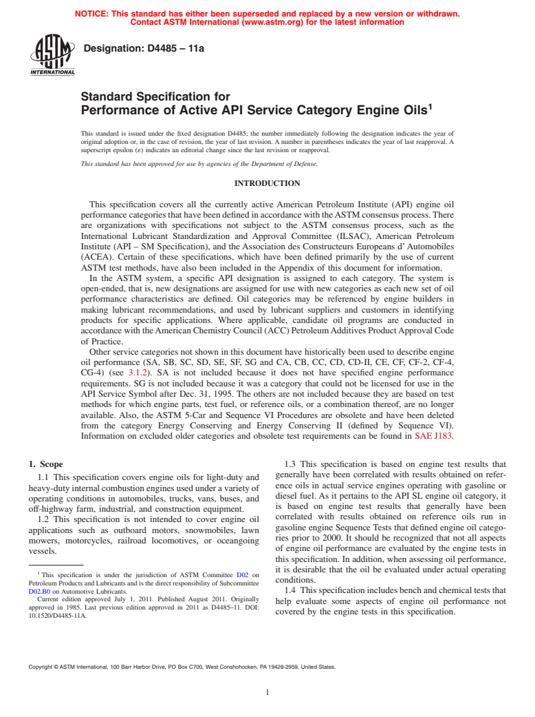 ASTM D4485-11a - Standard Specification for Performance of Active API Service Category Engine Oils