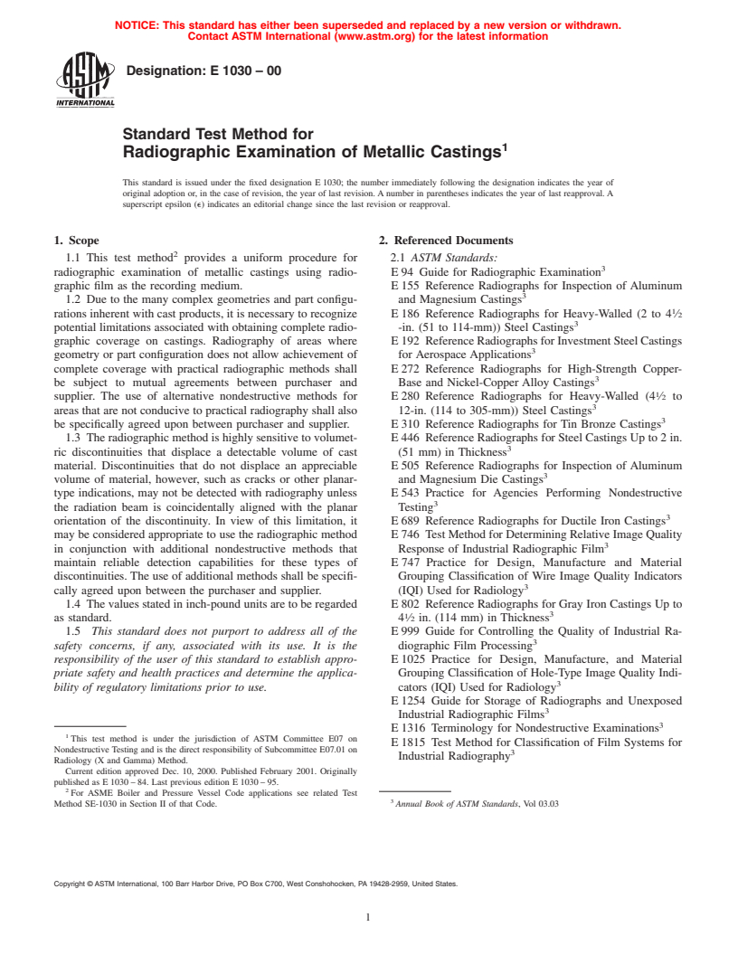 ASTM E1030-00 - Standard Test Method for Radiographic Examination of Metallic Castings