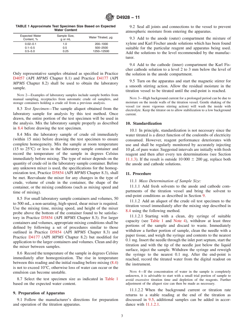 ASTM D4928-11 - Standard Test Method for Water in Crude Oils by Coulometric Karl Fischer Titration