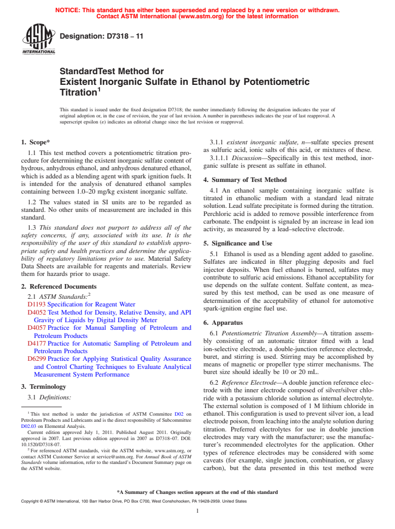 ASTM D7318-11 - Standard Test Method for Existent Inorganic Sulfate in Ethanol by Potentiometric Titration