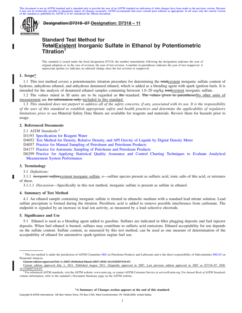 REDLINE ASTM D7318-11 - Standard Test Method for Existent Inorganic Sulfate in Ethanol by Potentiometric Titration