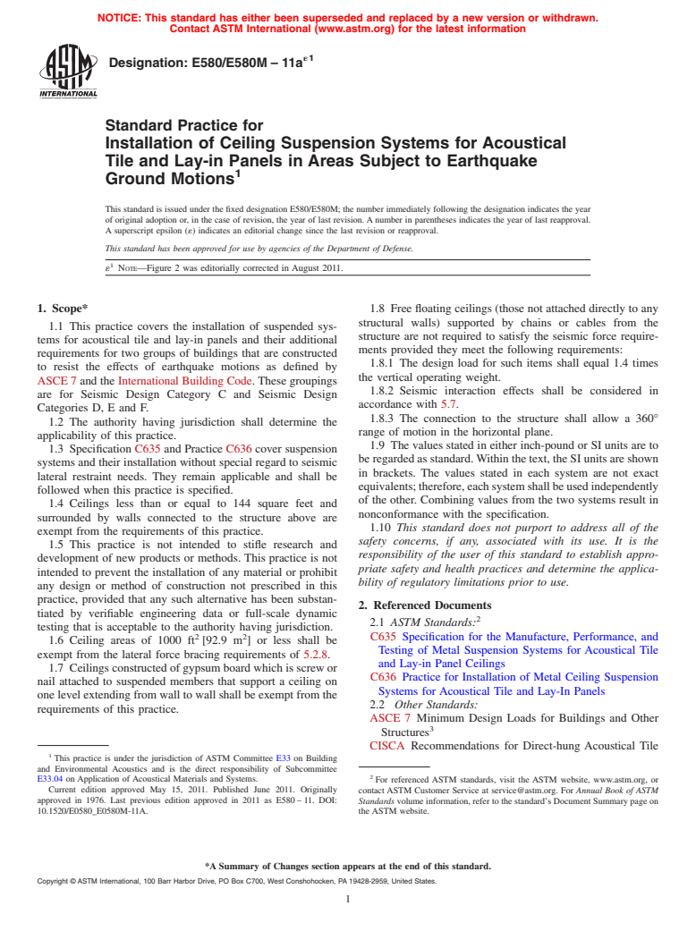 ASTM E580/E580M-11ae1 - Standard Practice for  Installation of Ceiling Suspension Systems for Acoustical Tile and Lay-in Panels in Areas Subject to Earthquake Ground Motions