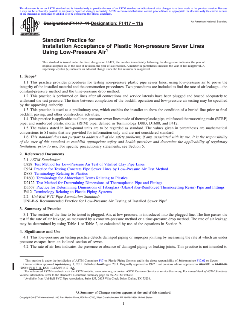 REDLINE ASTM F1417-11a - Standard Practice for Installation Acceptance of Plastic Non-pressure Sewer Lines Using Low-Pressure Air