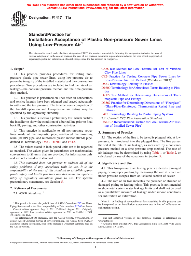 ASTM F1417-11a - Standard Practice for Installation Acceptance of Plastic Non-pressure Sewer Lines Using Low-Pressure Air