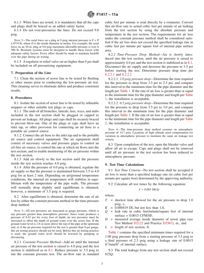 ASTM F1417-11a - Standard Practice for Installation Acceptance of Plastic Non-pressure Sewer Lines Using Low-Pressure Air