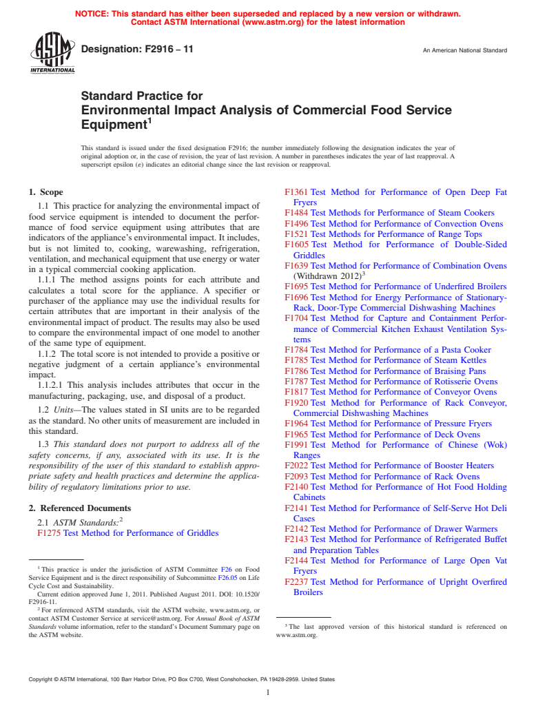 ASTM F2916-11 - Standard Practice for Environmental Impact Analysis of Commercial Food Service Equipment