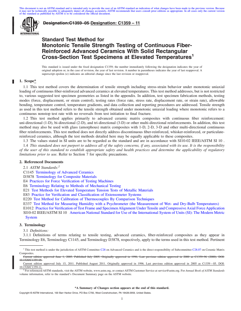 REDLINE ASTM C1359-11 - Standard Test Method for Monotonic Tensile Strength Testing of Continuous Fiber-Reinforced Advanced Ceramics With Solid Rectangular Cross-Section Test Specimens at Elevated Temperatures