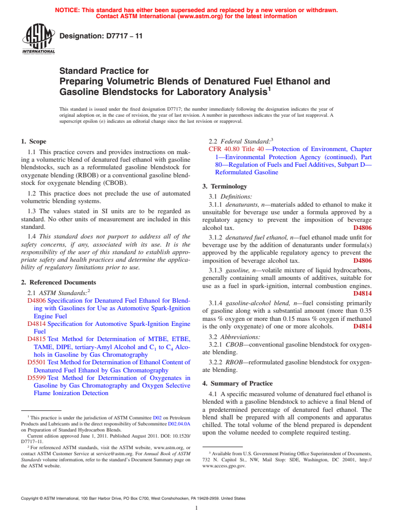 ASTM D7717-11 - Standard Practice for Preparing Volumetric Blends of Denatured Fuel Ethanol and Gasoline Blendstocks for Laboratory Analysis