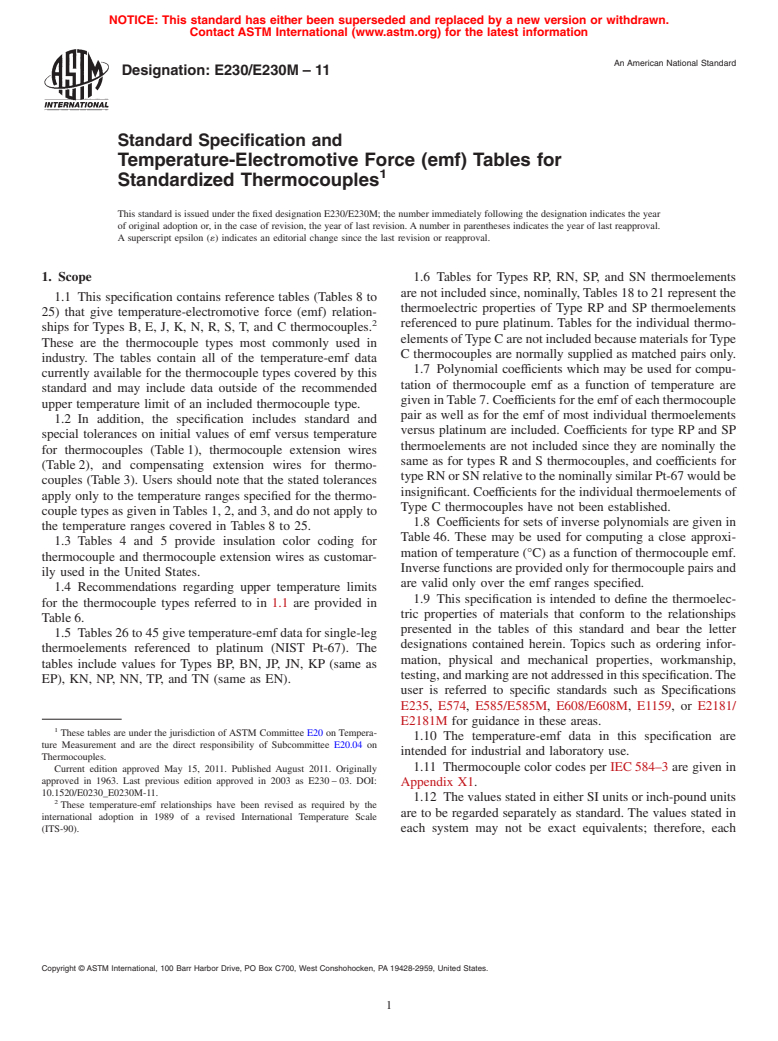 ASTM E230/E230M-11 - Standard Specification and  Temperature-Electromotive Force (emf) Tables for Standardized Thermocouples