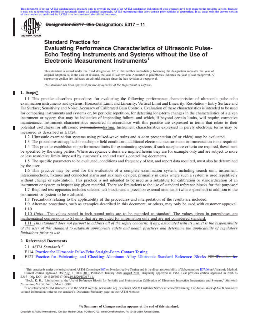 REDLINE ASTM E317-11 - Standard Practice for Evaluating Performance Characteristics of Ultrasonic Pulse-Echo Testing Instruments and Systems without the Use of Electronic Measurement Instruments