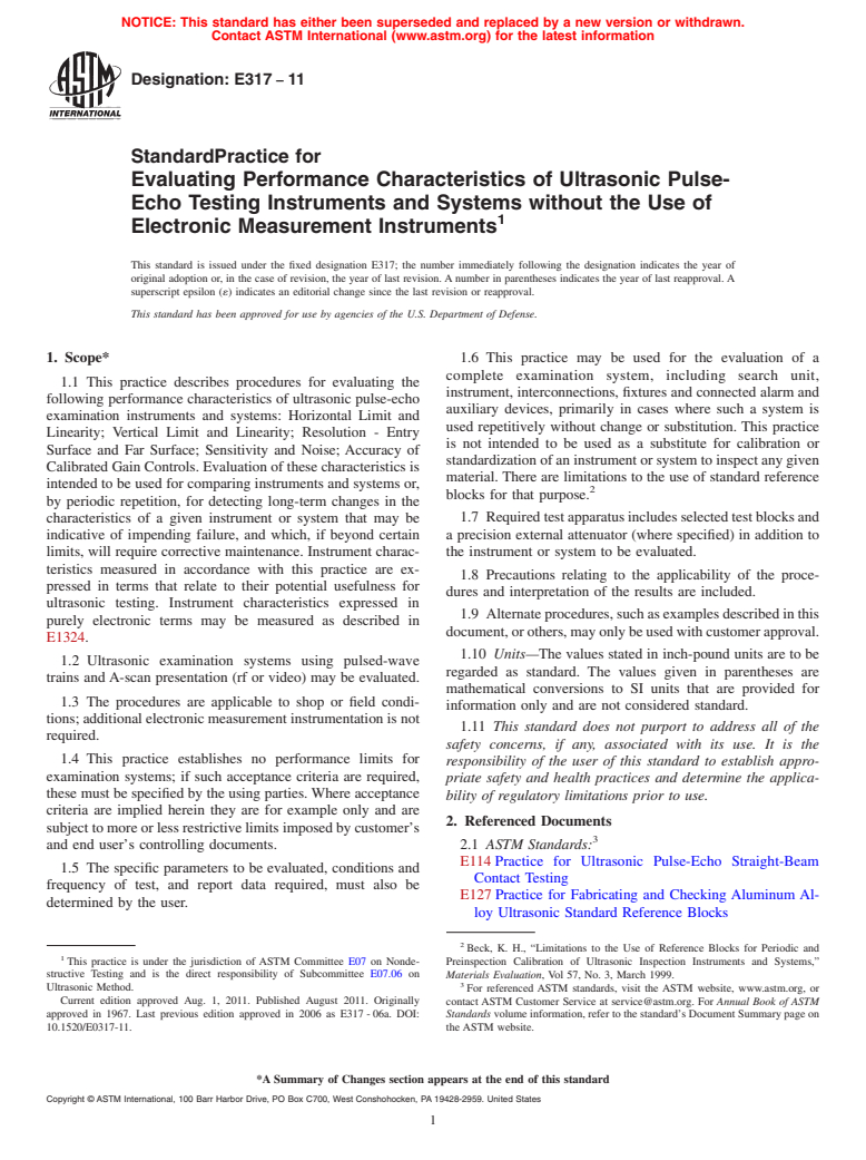 ASTM E317-11 - Standard Practice for Evaluating Performance Characteristics of Ultrasonic Pulse-Echo Testing Instruments and Systems without the Use of Electronic Measurement Instruments