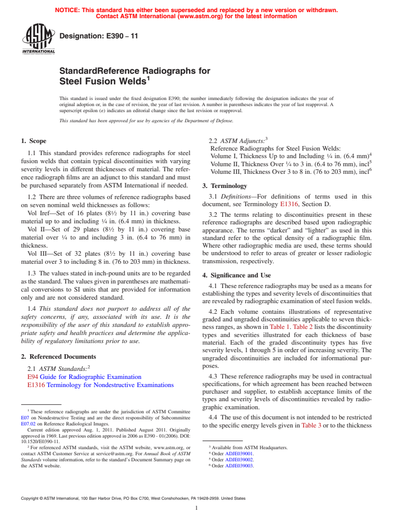 ASTM E390-11 - Standard Reference Radiographs for Steel Fusion Welds