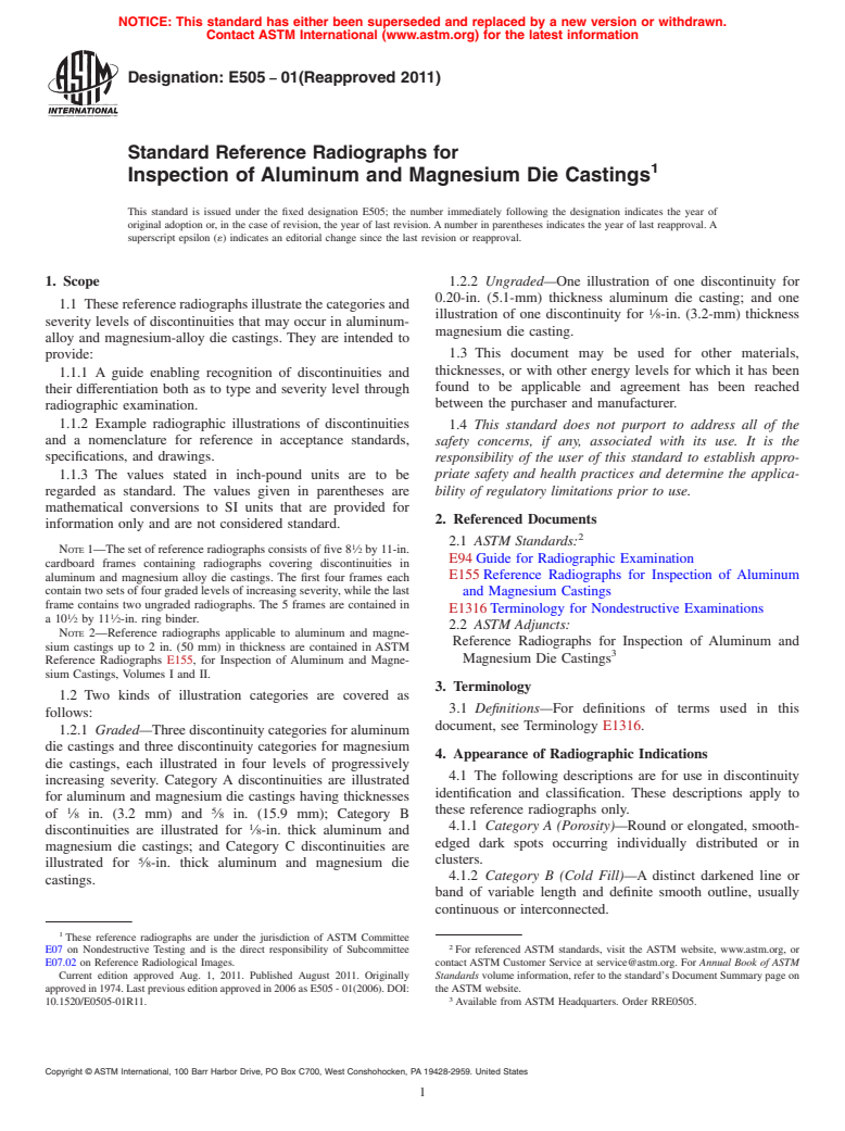 ASTM E505-01(2011) - Standard Reference Radiographs for  Inspection of Aluminum and Magnesium Die Castings