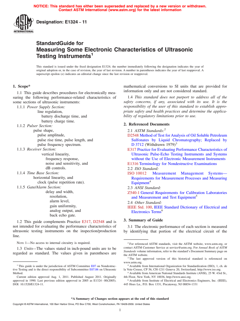 ASTM E1324-11 - Standard Guide for Measuring Some Electronic Characteristics of Ultrasonic Testing Instruments