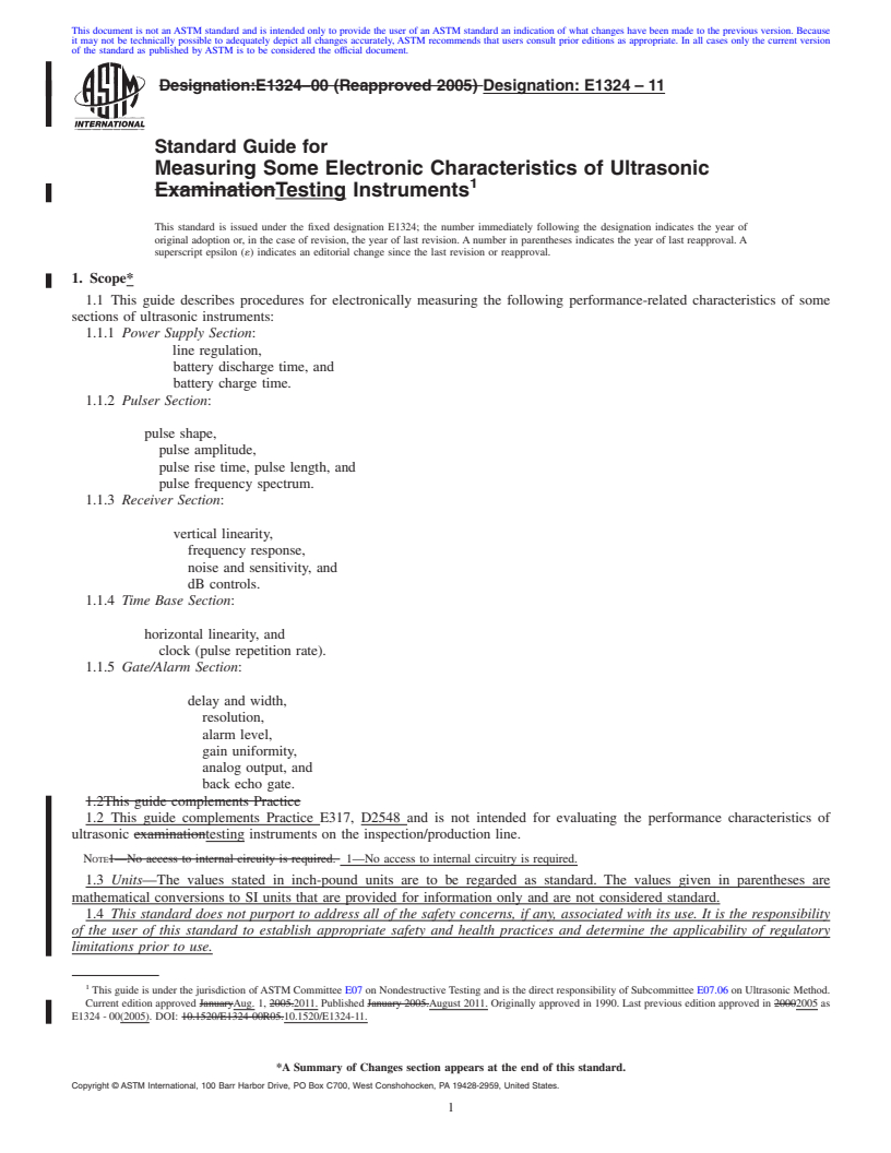 REDLINE ASTM E1324-11 - Standard Guide for Measuring Some Electronic Characteristics of Ultrasonic Testing Instruments