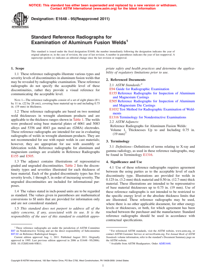 ASTM E1648-95(2011) - Standard Reference Radiographs for Examination of Aluminum Fusion Welds