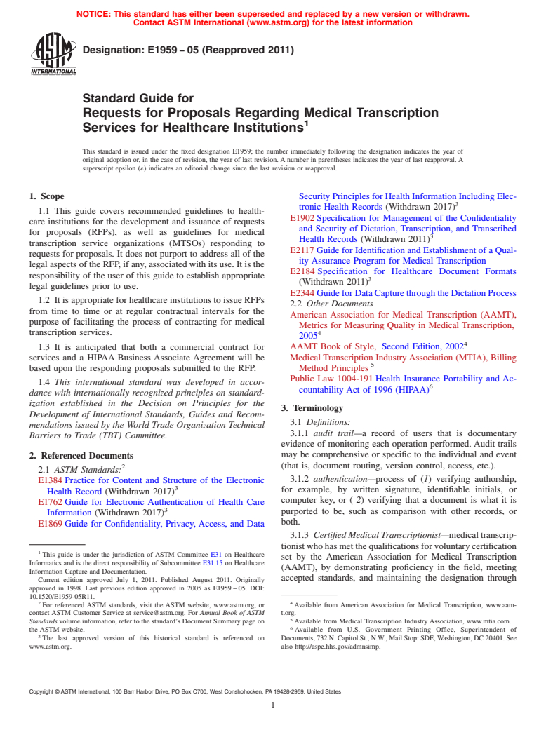 ASTM E1959-05(2011) - Standard Guide for Requests for Proposals Regarding Medical Transcription Services for Healthcare Institutions (Withdrawn 2020)