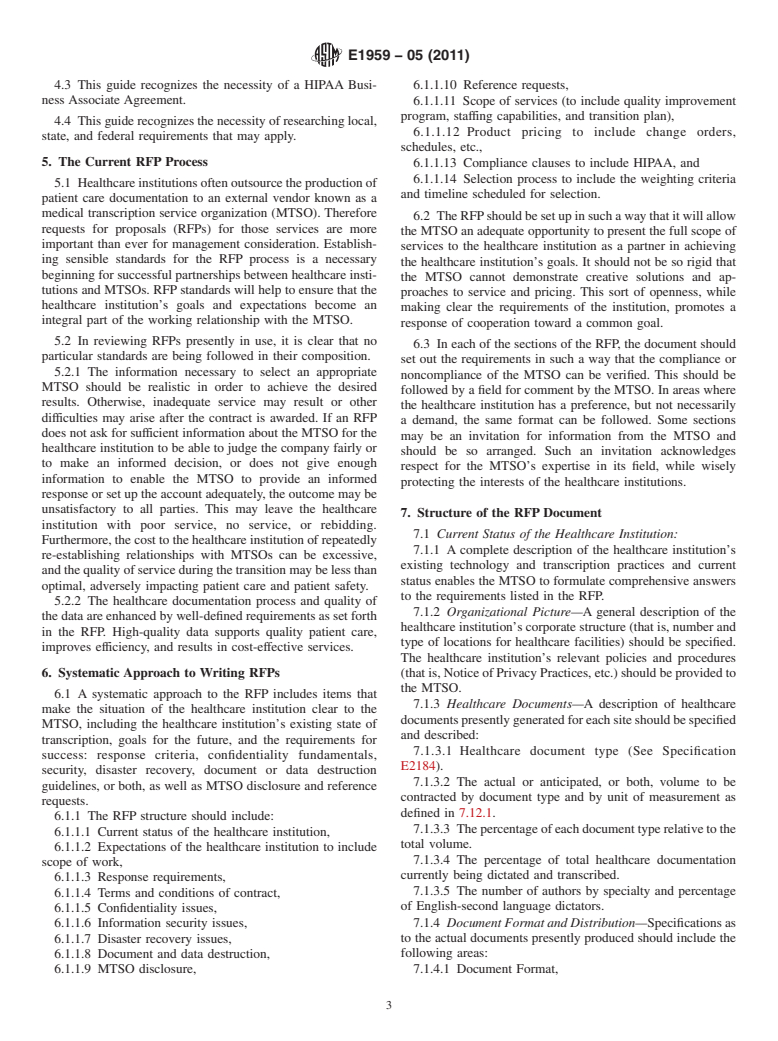 ASTM E1959-05(2011) - Standard Guide for Requests for Proposals Regarding Medical Transcription Services for Healthcare Institutions (Withdrawn 2020)