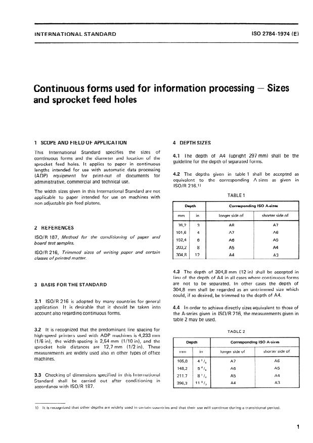 ISO 2784:1974 - Continuous forms used for information processing -- Sizes and sprocket feed holes