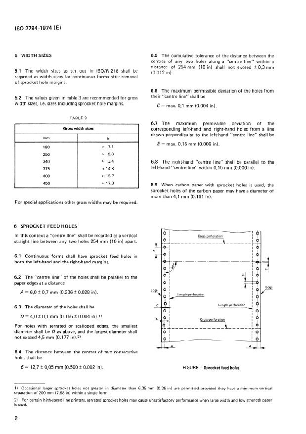 ISO 2784:1974 ISO 2784:1974 - Continuous forms used for information processing -- Sizes and sprocket feed holes - Page 4 preview