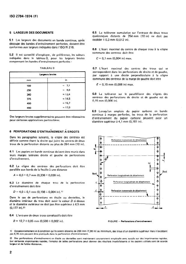 ISO 2784:1974 ISO 2784:1974 - Imprimés en continu employés en traitement de l'information -- Dimensions et perforations d'entraînement - Page 4 preview