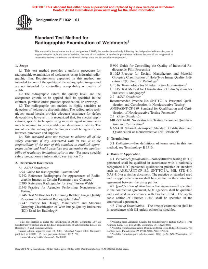 ASTM E1032-01 - Standard Test Method for Radiographic Examination of Weldments