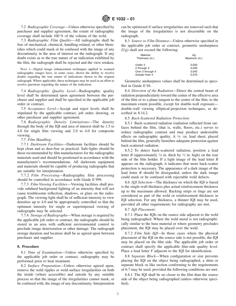 ASTM E1032-01 - Standard Test Method for Radiographic Examination of Weldments