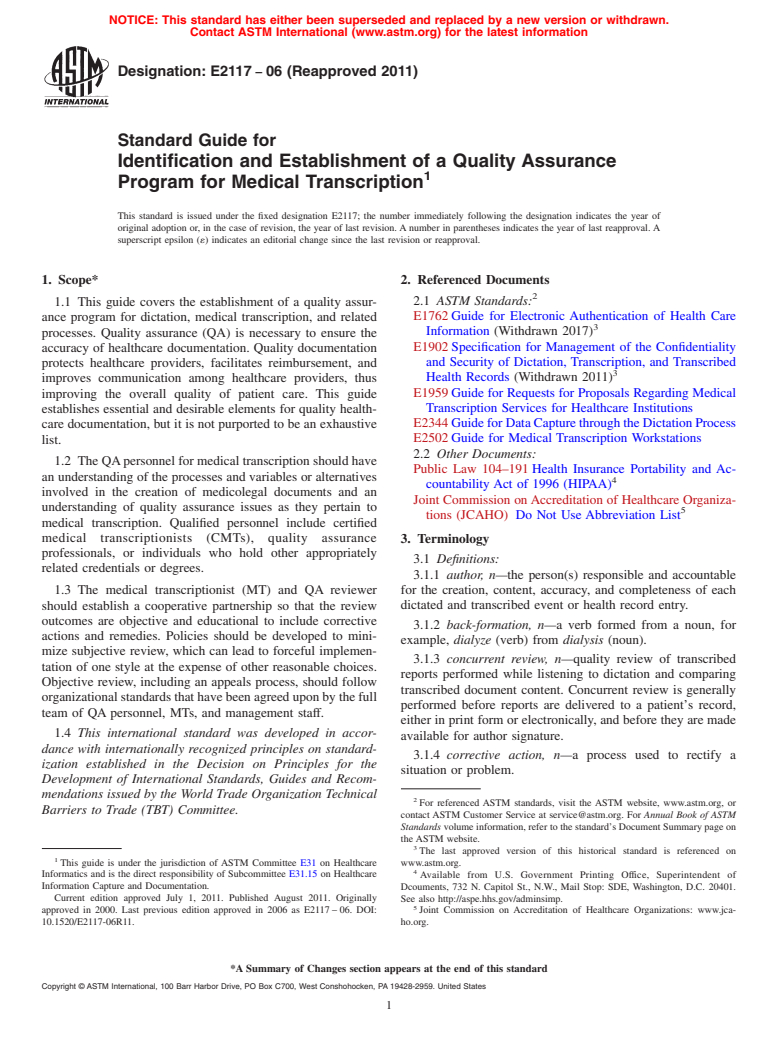 ASTM E2117-06(2011) - Standard Guide for Identification and Establishment of a Quality Assurance Program for Medical Transcription (Withdrawn 2020)