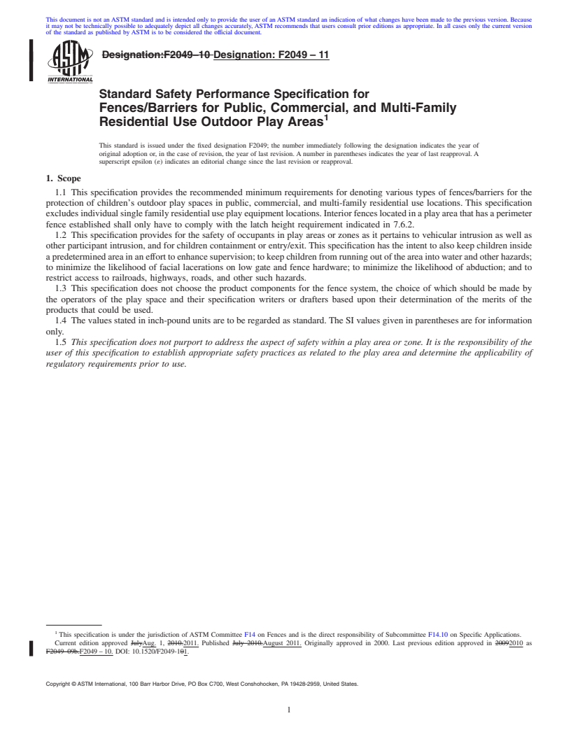 REDLINE ASTM F2049-11 - Standard Safety Performance Specification for Fences/Barriers for Public, Commercial, and Multi-Family Residential Use Outdoor Play Areas