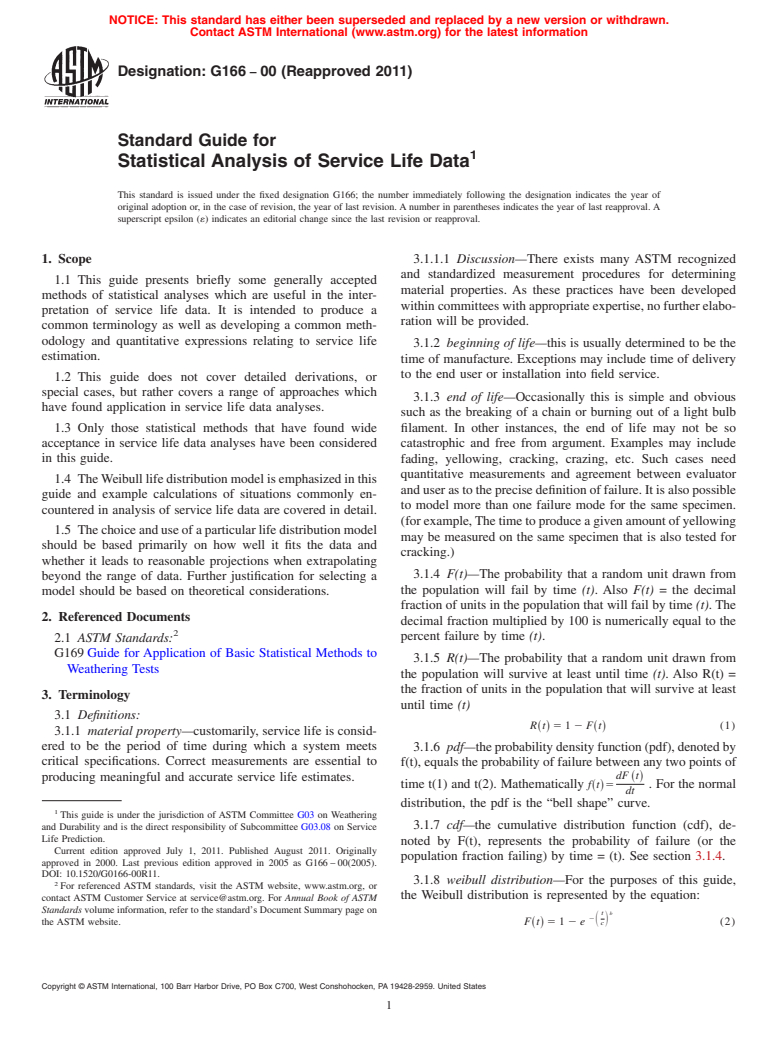 ASTM G166-00(2011) - Standard Guide for Statistical Analysis of Service Life Data