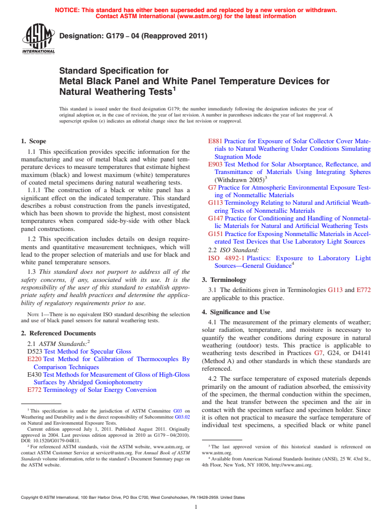 ASTM G179-04(2011) - Standard Specification for Metal Black Panel and White Panel Temperature Devices for Natural Weathering Tests