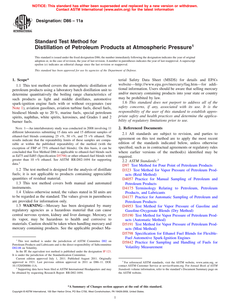 ASTM D86-11a - Standard Test Method for Distillation of Petroleum Products at Atmospheric Pressure