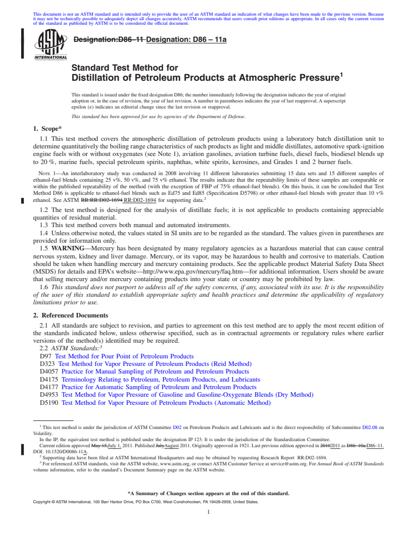 REDLINE ASTM D86-11a - Standard Test Method for Distillation of Petroleum Products at Atmospheric Pressure