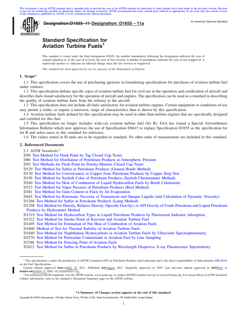 REDLINE ASTM D1655-11a - Standard Specification for Aviation Turbine Fuels