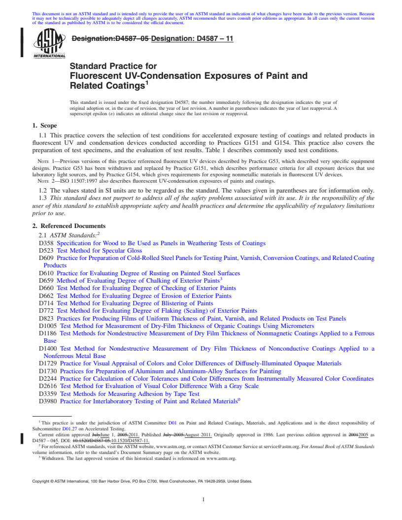 REDLINE ASTM D4587-11 - Standard Practice for  Fluorescent UV-Condensation Exposures of Paint and Related Coatings