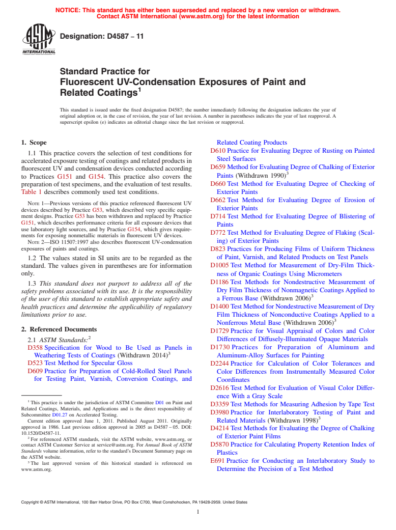 ASTM D4587-11 - Standard Practice for  Fluorescent UV-Condensation Exposures of Paint and Related Coatings