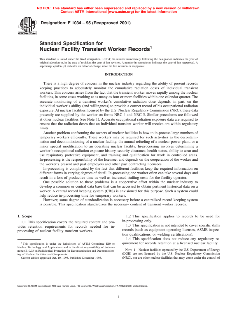 ASTM E1034-95(2001) - Standard Specification for Nuclear Facility Transient Worker Records