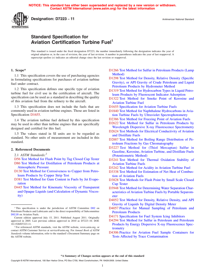 ASTM D7223-11 - Standard Specification for Aviation Certification Turbine Fuel