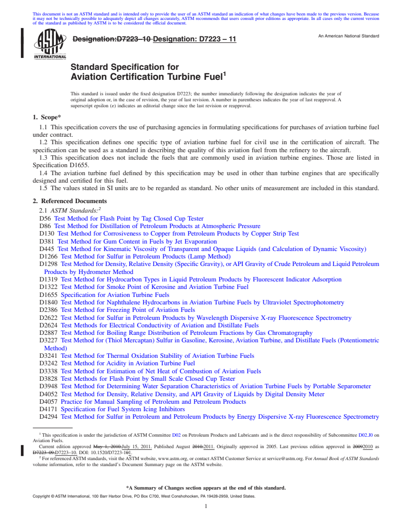 REDLINE ASTM D7223-11 - Standard Specification for Aviation Certification Turbine Fuel