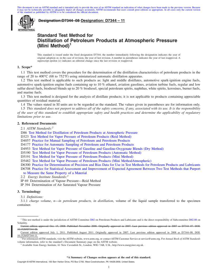 REDLINE ASTM D7344-11 - Standard Test Method for Distillation of Petroleum Products at Atmospheric Pressure (Mini Method)