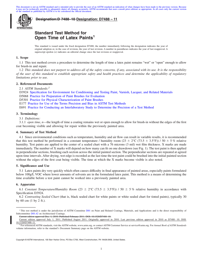 REDLINE ASTM D7488-11 - Standard Test Method for Open Time of Latex Paints