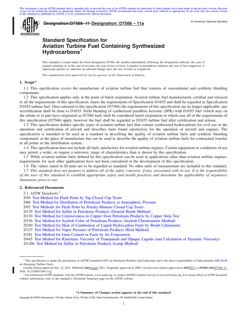 REDLINE ASTM D7566-11a - Standard Specification for Aviation Turbine Fuel Containing Synthesized Hydrocarbons