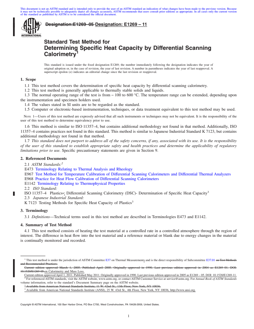 REDLINE ASTM E1269-11 - Standard Test Method for Determining Specific Heat Capacity by Differential Scanning Calorimetry