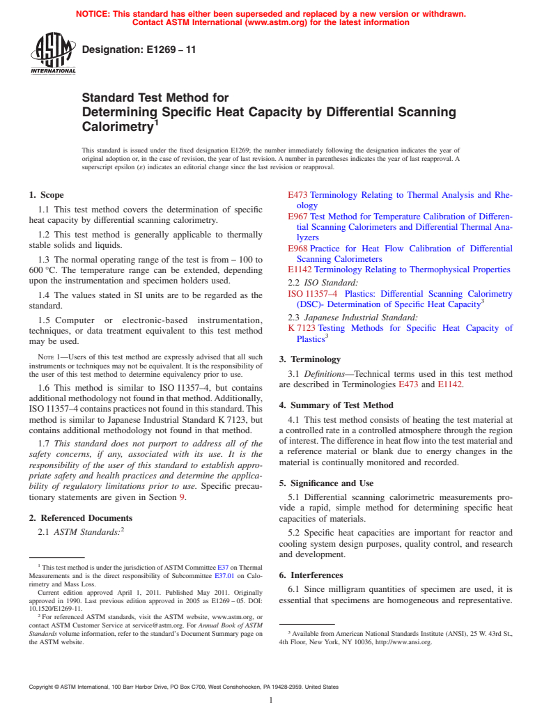 ASTM E1269-11 - Standard Test Method for Determining Specific Heat Capacity by Differential Scanning Calorimetry