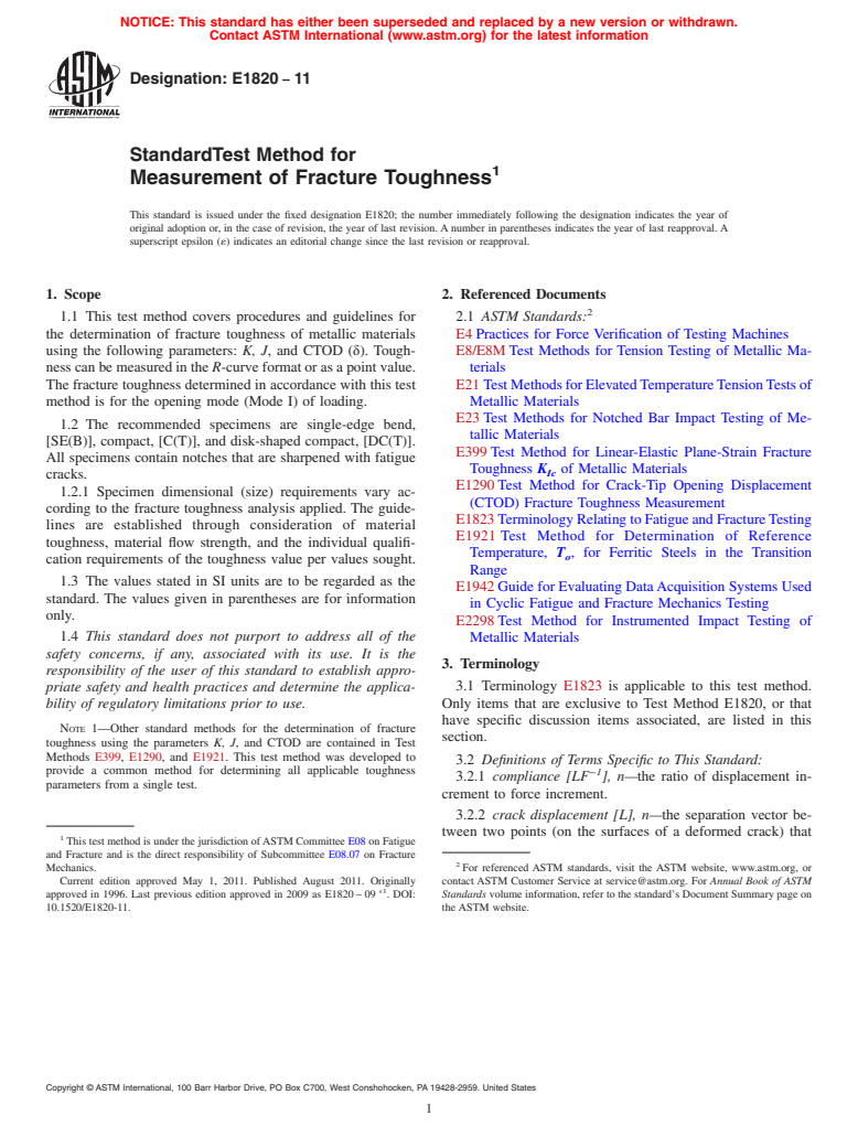 ASTM E1820-11 - Standard Test Method for  Measurement of Fracture Toughness