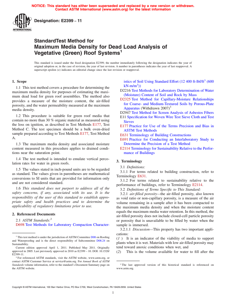 ASTM E2399-11 - Standard Test Method for Maximum Media Density for Dead Load Analysis of Vegetative (Green) Roof Systems